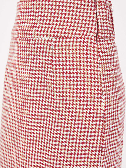Red Houndstooth Jacquard Tweed Pencil Skirt