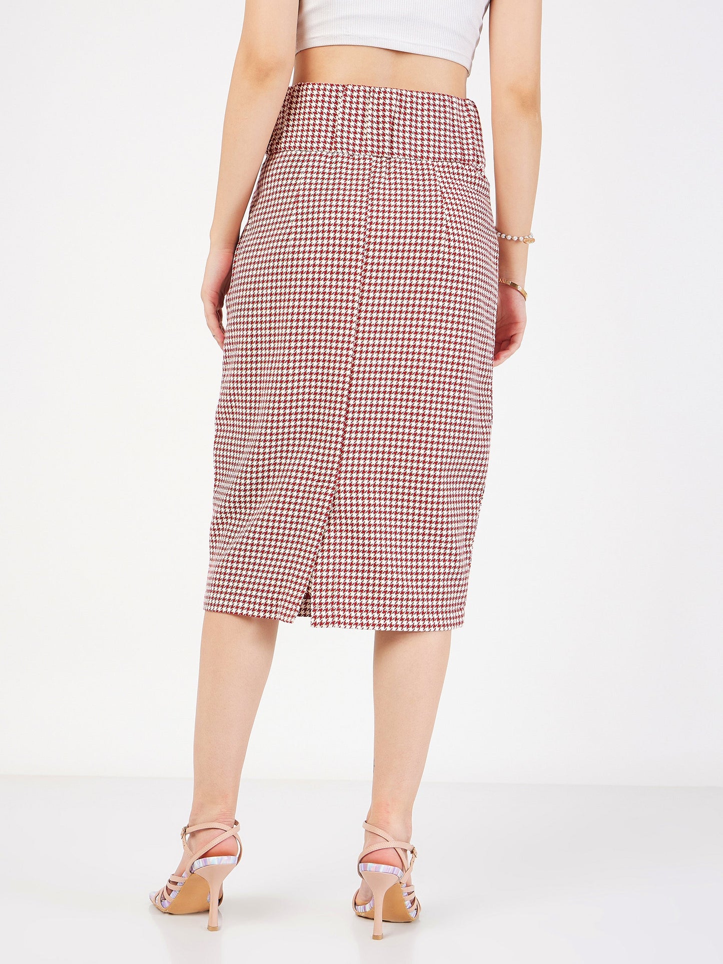Red Houndstooth Jacquard Tweed Pencil Skirt