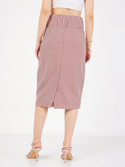 Red Houndstooth Jacquard Tweed Pencil Skirt