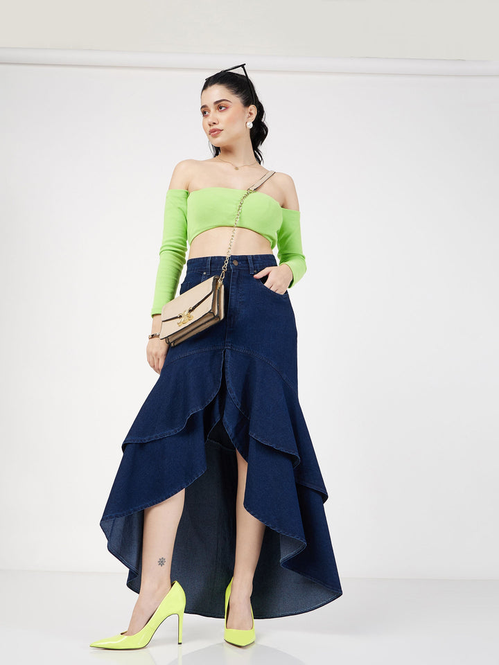 Women Navy Denim Ruffle High Low Skirt