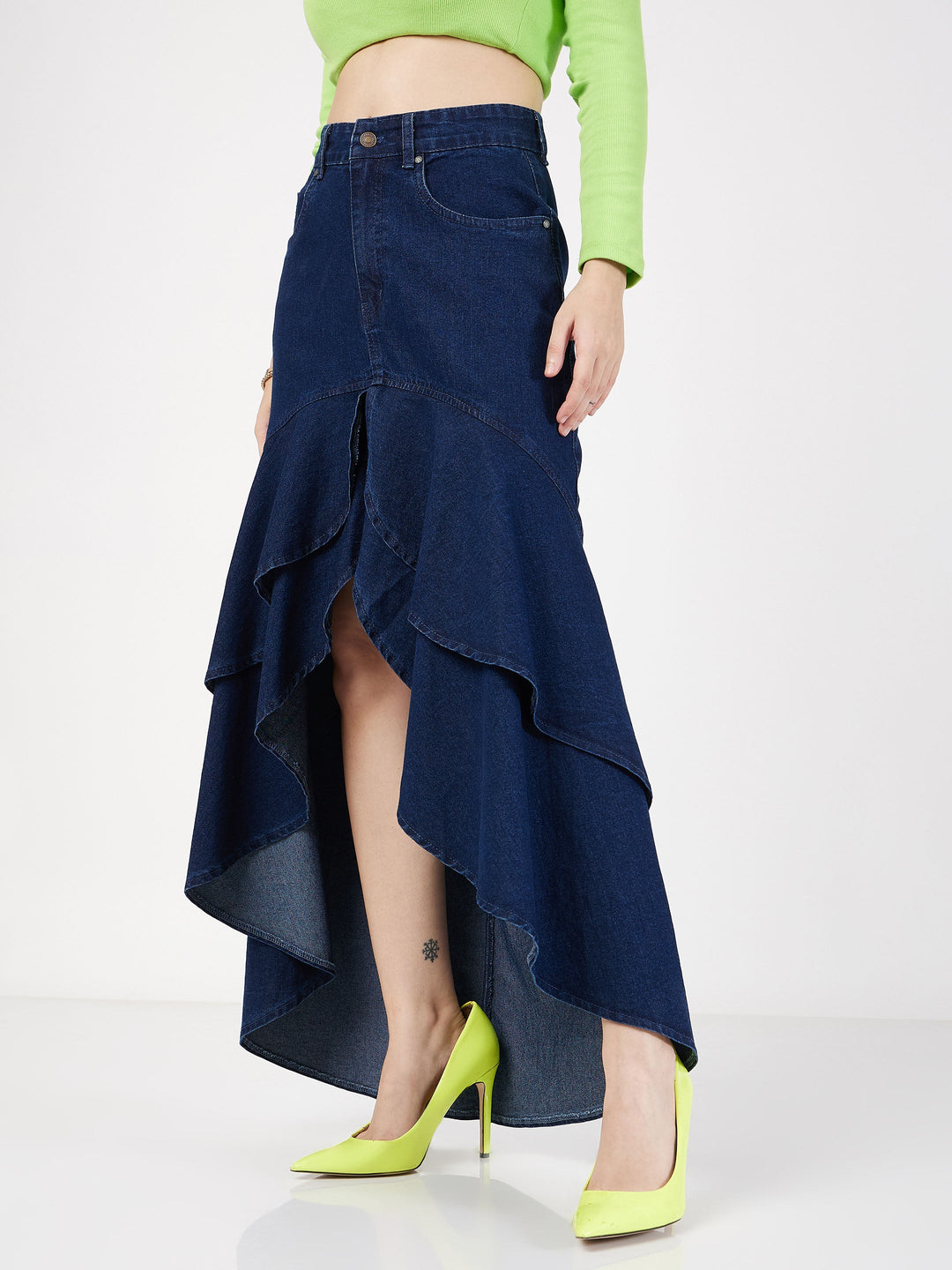 Women Navy Denim Ruffle High Low Skirt