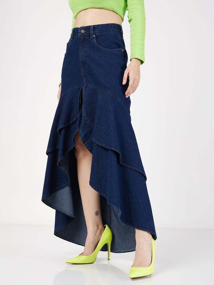 Women Navy Denim Ruffle High Low Skirt