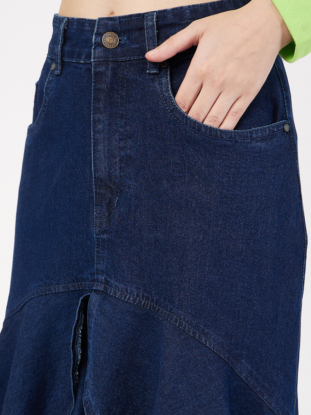 Women Navy Denim Ruffle High Low Skirt