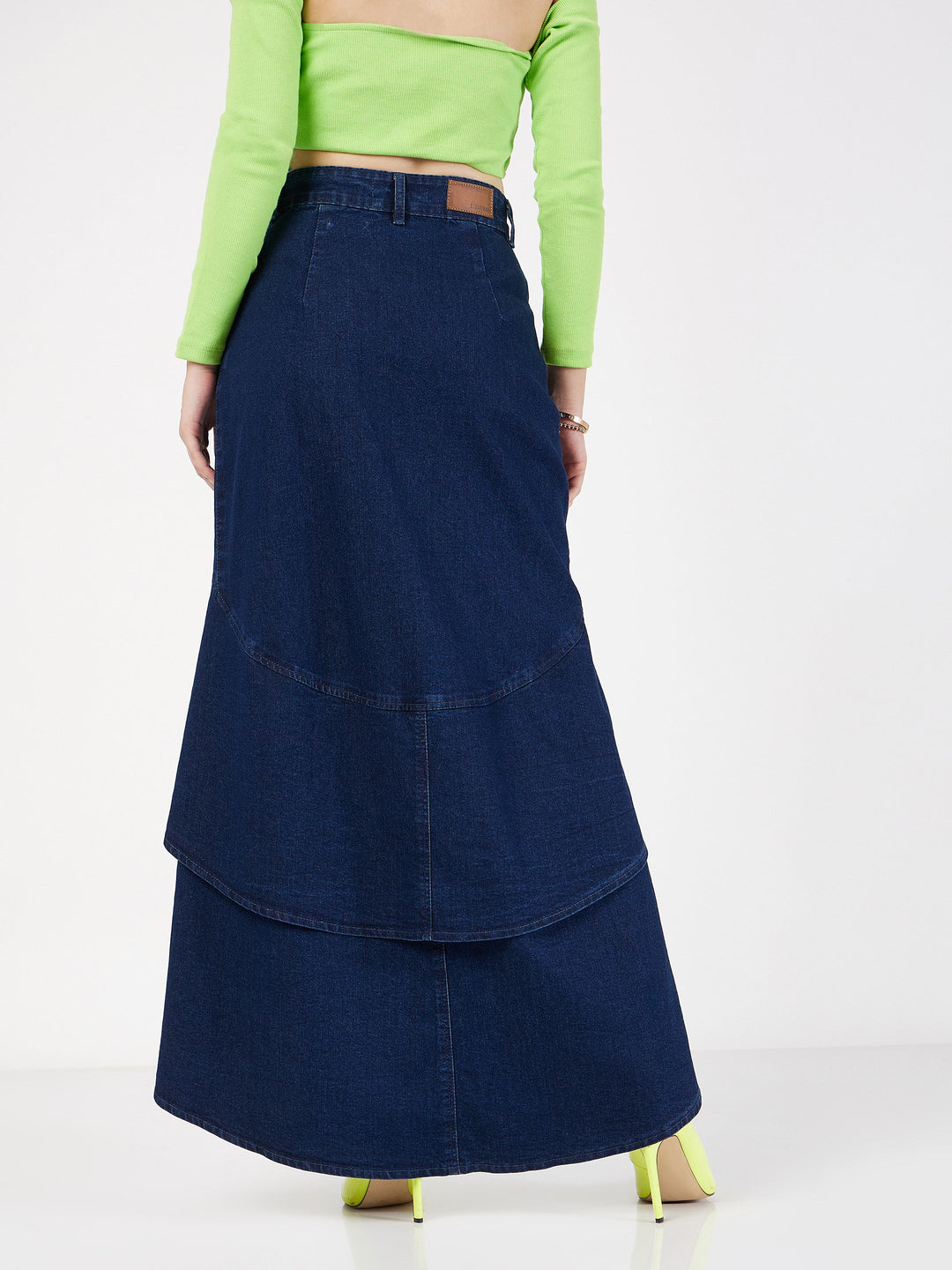 Women Navy Denim Ruffle High Low Skirt