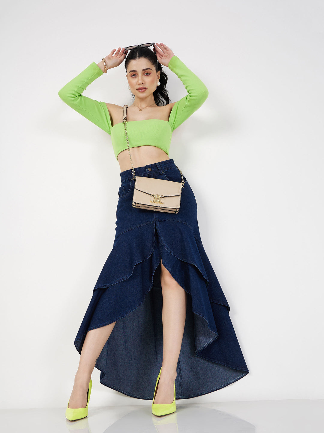 Women Navy Denim Ruffle High Low Skirt