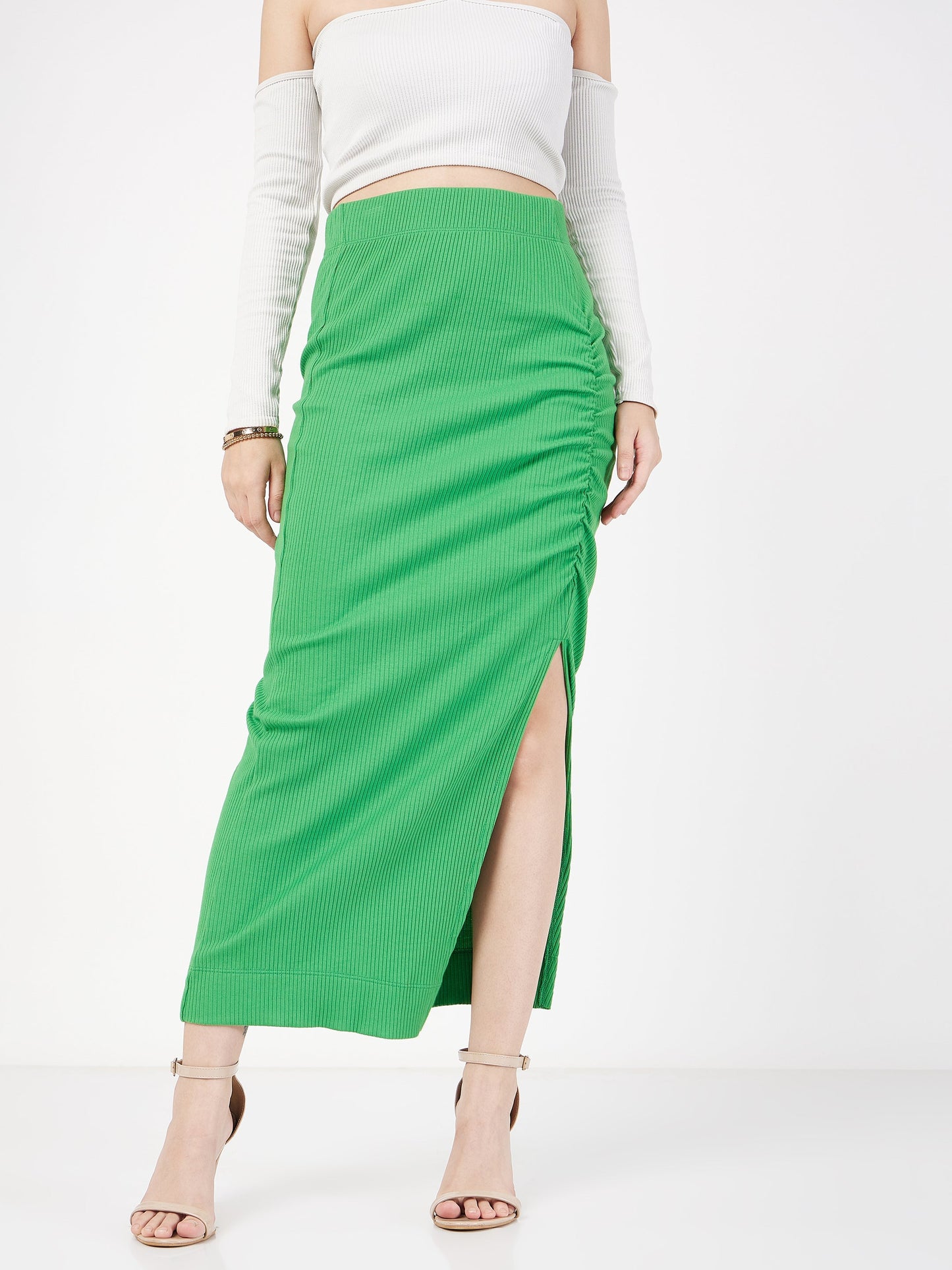 Green Rib Front Ruched Midi Skirt