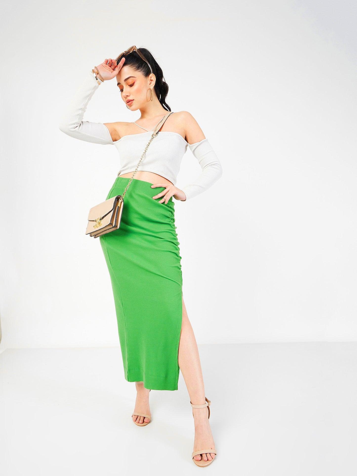 Green Rib Front Ruched Midi Skirt