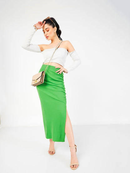 Green Rib Front Ruched Midi Skirt