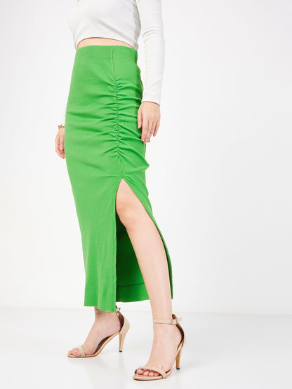 Green Rib Front Ruched Midi Skirt