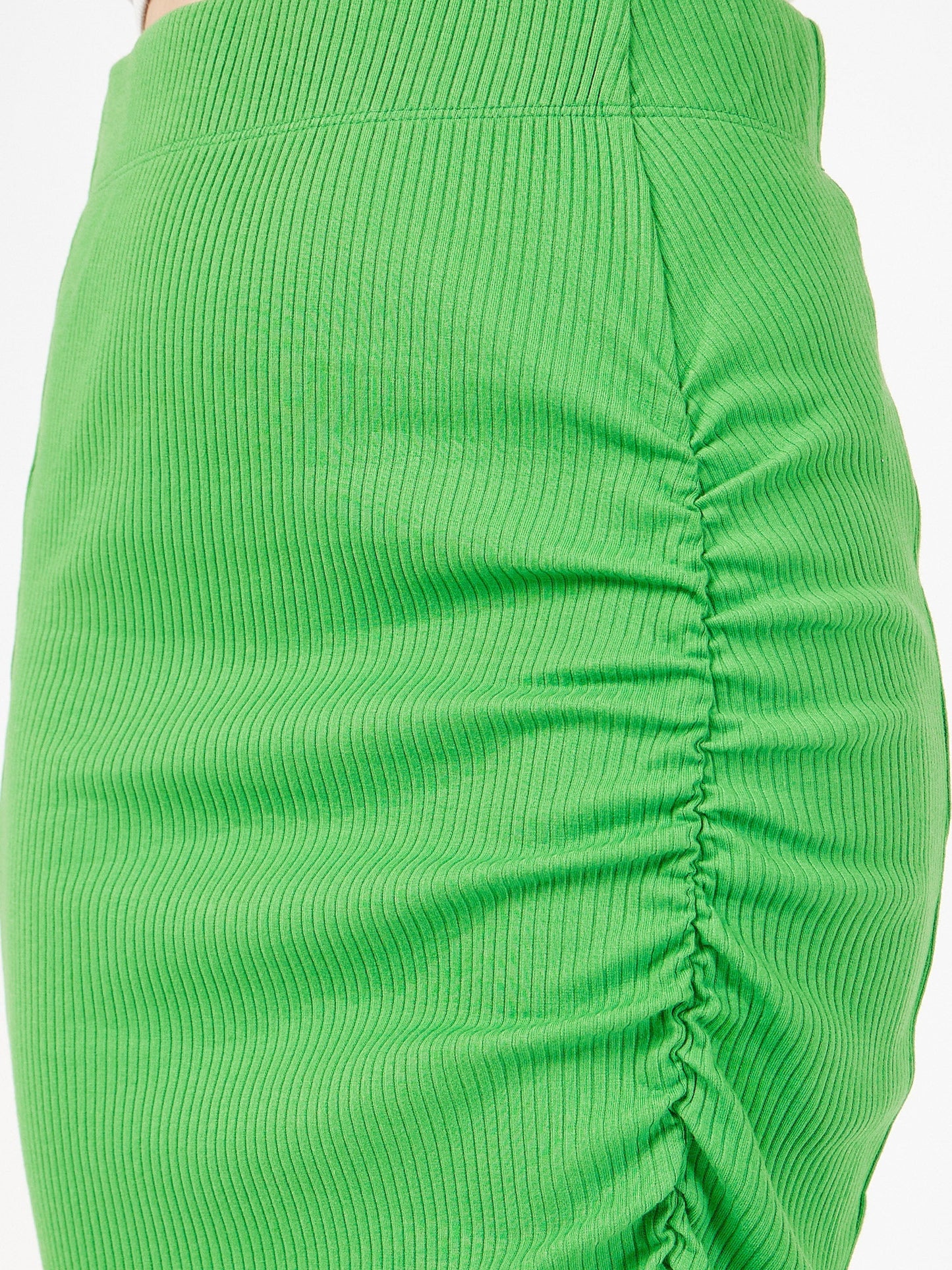 Green Rib Front Ruched Midi Skirt
