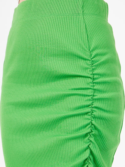 Green Rib Front Ruched Midi Skirt