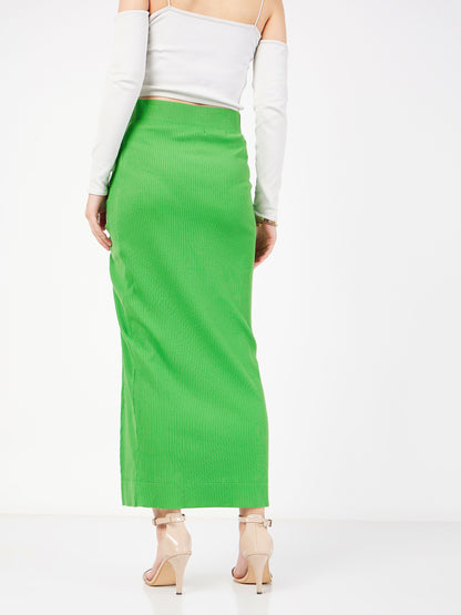 Green Rib Front Ruched Midi Skirt