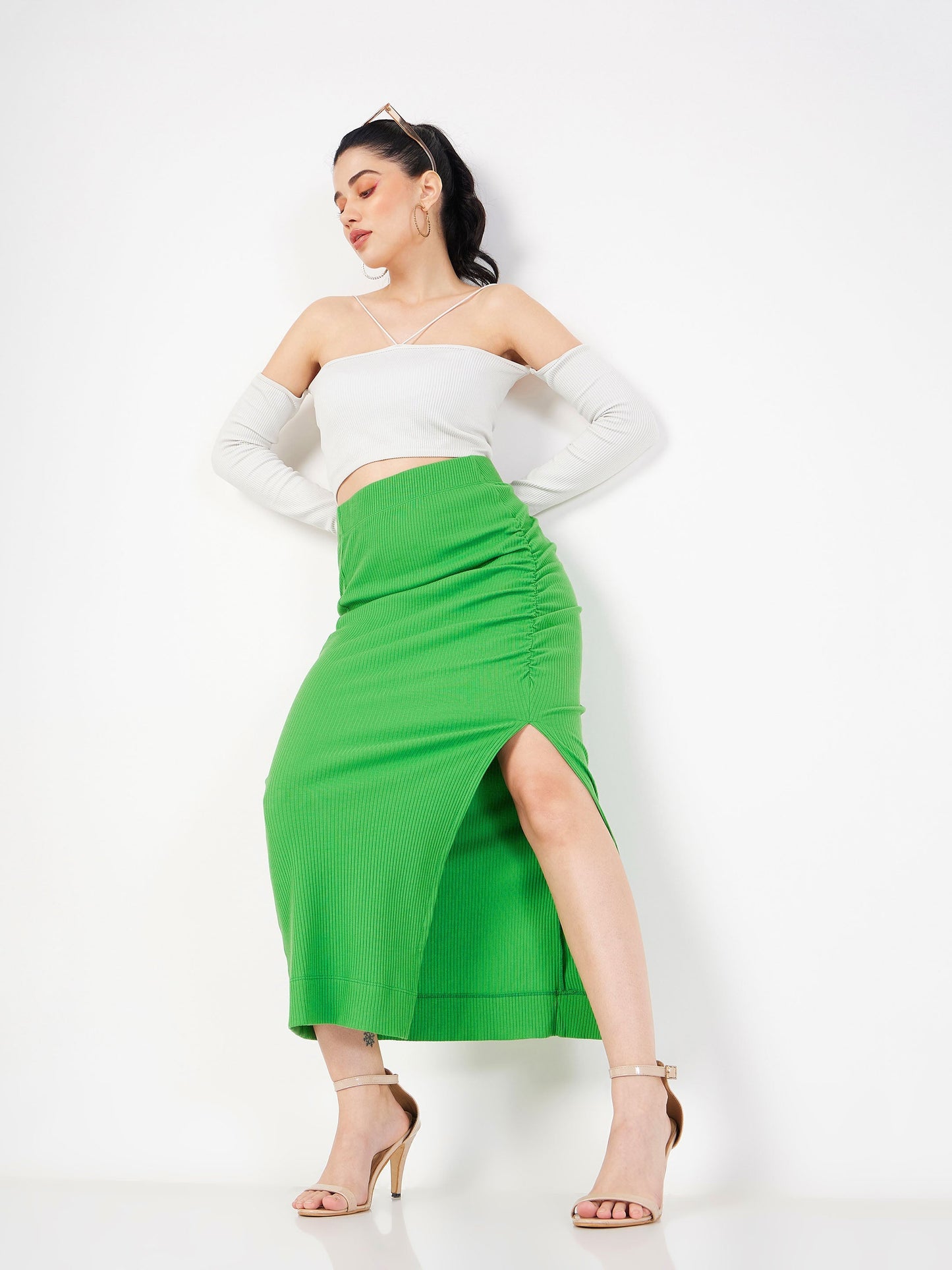 Green Rib Front Ruched Midi Skirt