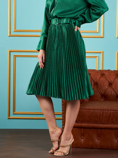 Green Satin Pleated Midi Skirt