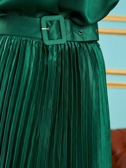 Green Satin Pleated Midi Skirt