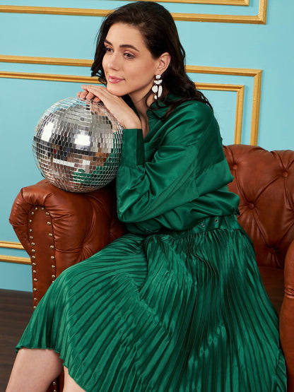 Green Satin Pleated Midi Skirt