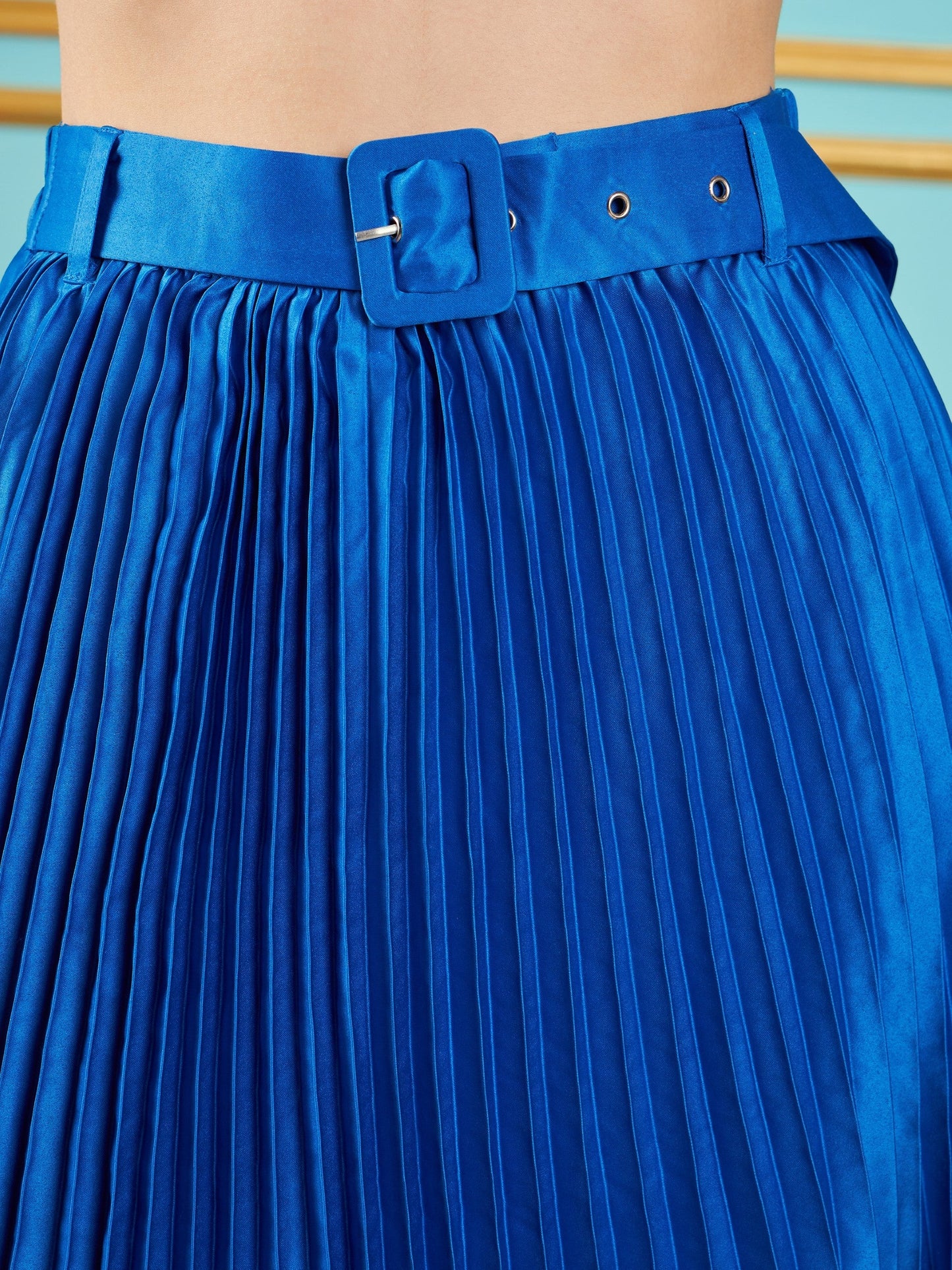 Royal Blue Satin Pleated Midi Skirt
