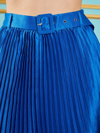 Royal Blue Satin Pleated Midi Skirt