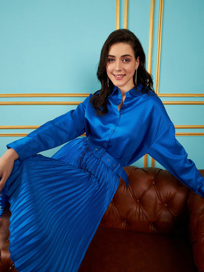 Royal Blue Satin Pleated Midi Skirt