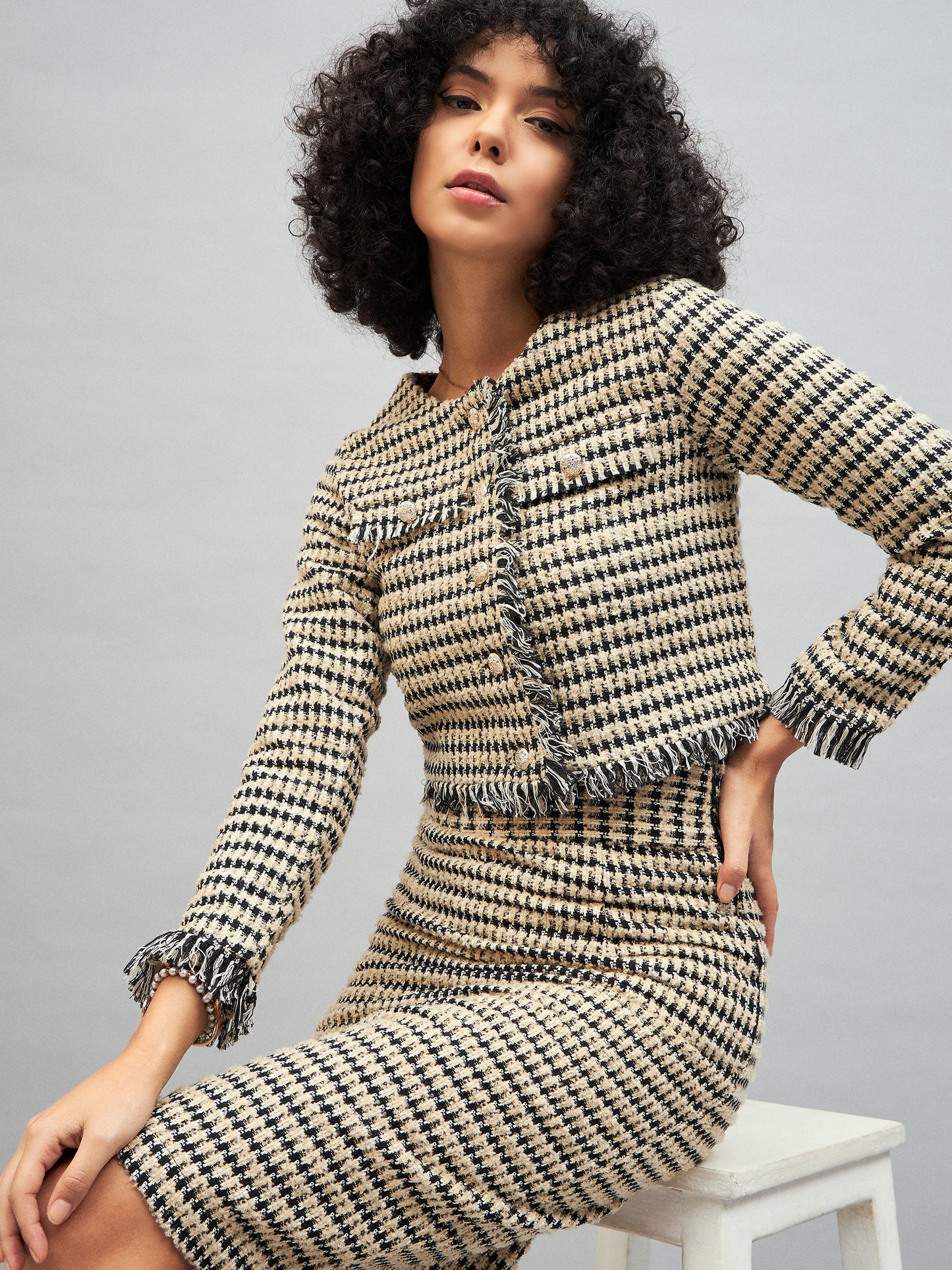 Off-White Check Jacquard Tweed Pencil Skirt