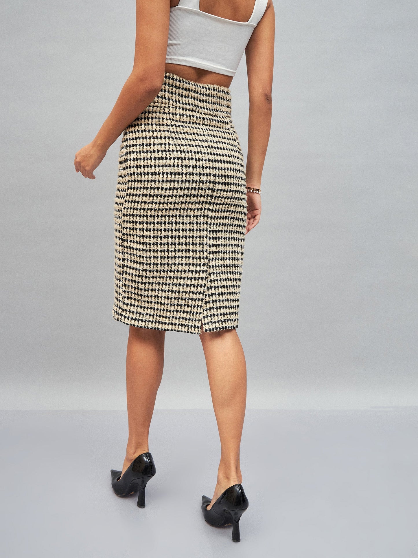 Off-White Check Jacquard Tweed Pencil Skirt