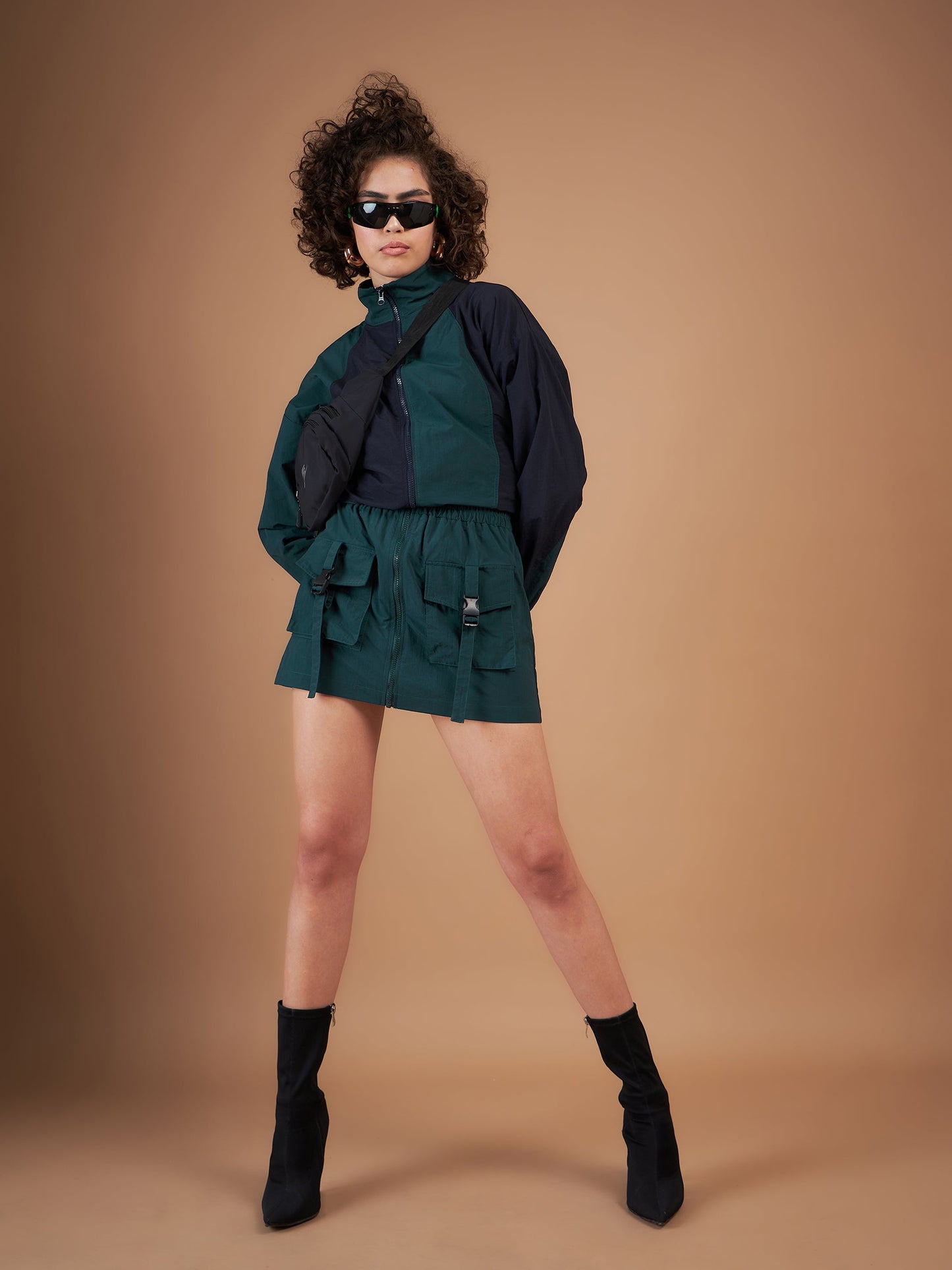 Green Front Zipper Parachute Mini Skirt