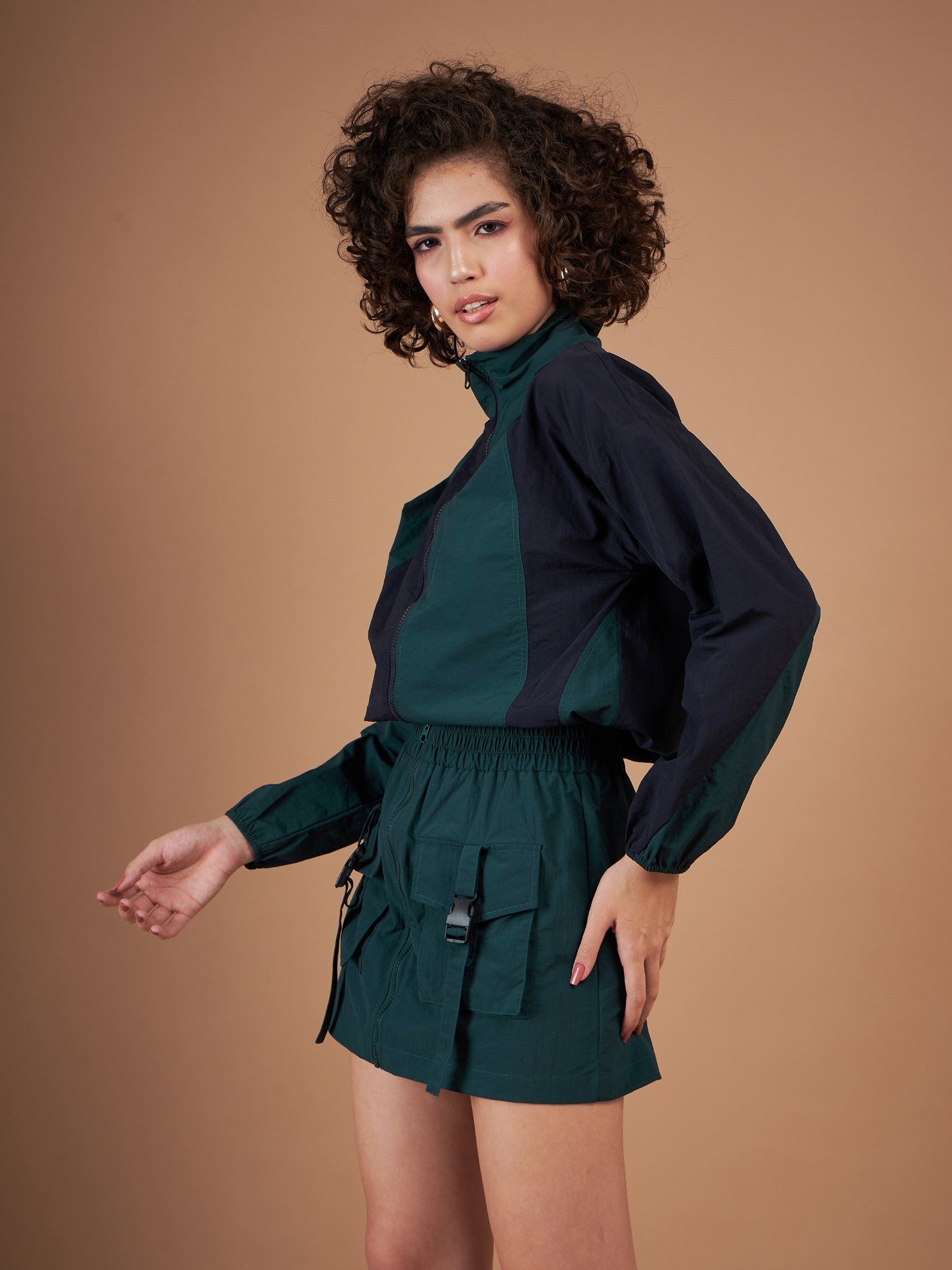 Green Front Zipper Parachute Mini Skirt