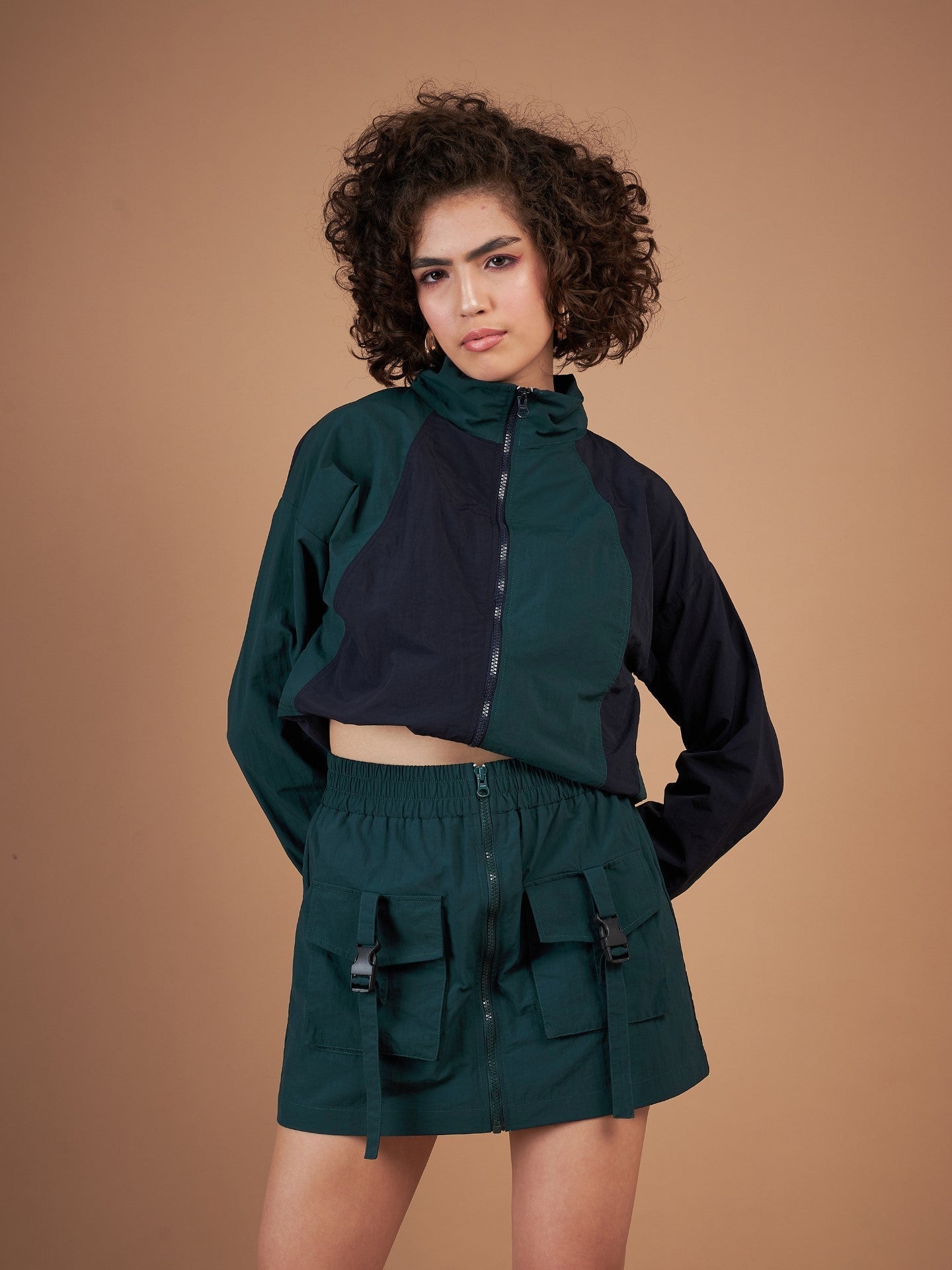 Green Front Zipper Parachute Mini Skirt
