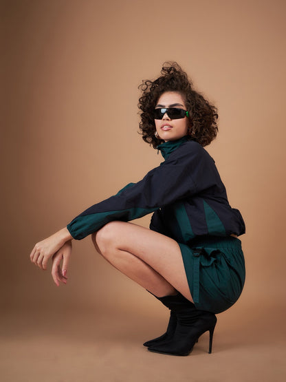 Green Front Zipper Parachute Mini Skirt
