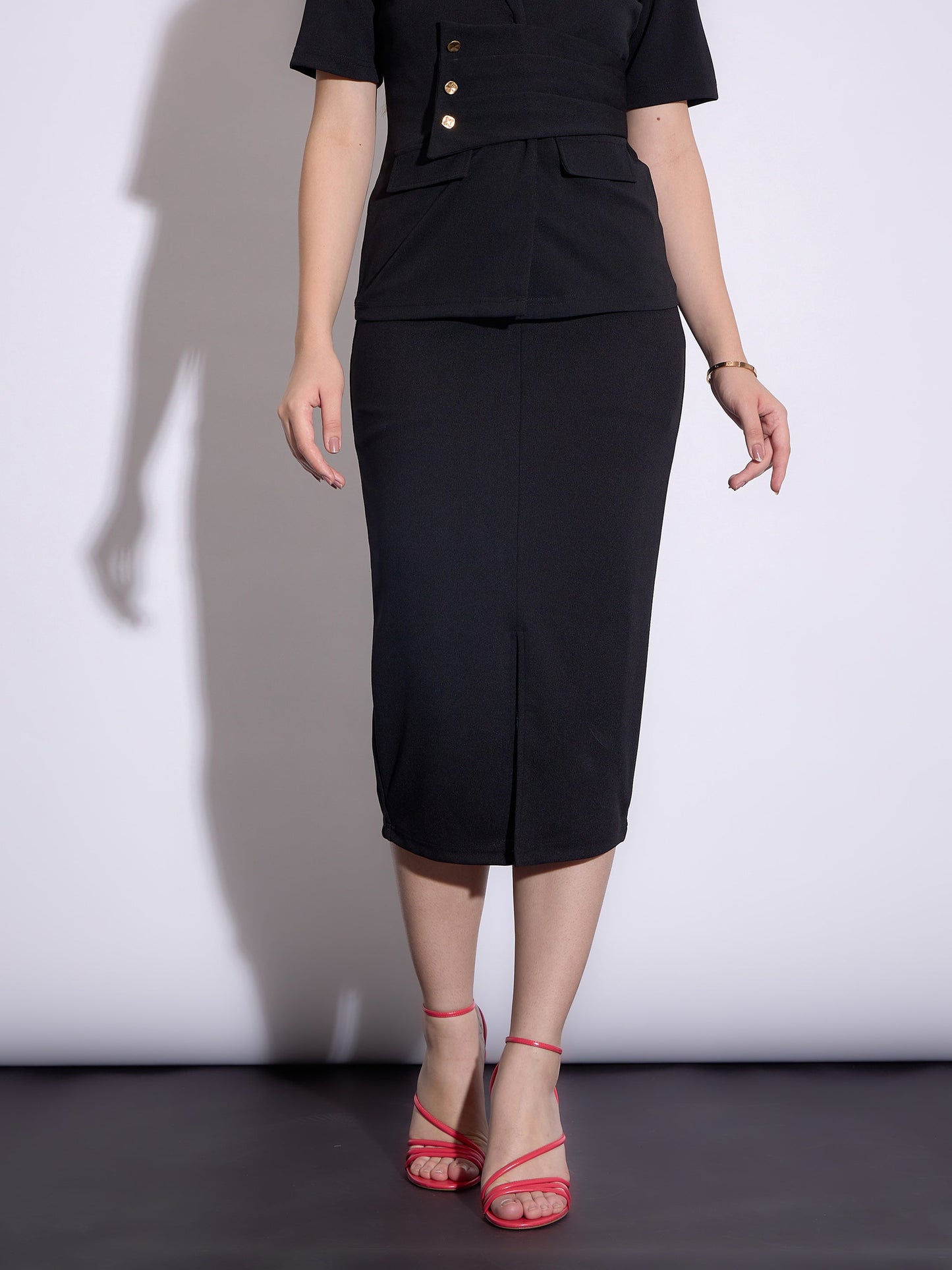 Black Front Slit Midi Skirt