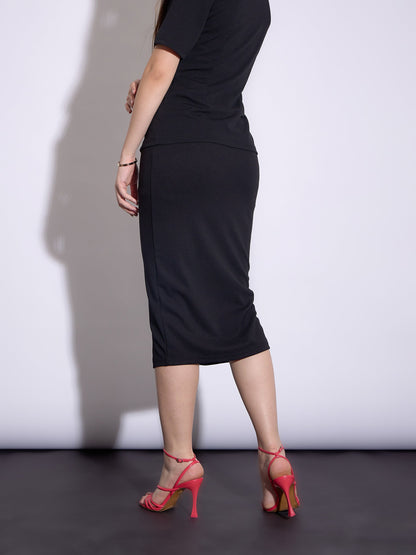 Black Front Slit Midi Skirt