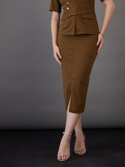 Brown Front Slit Midi Skirt