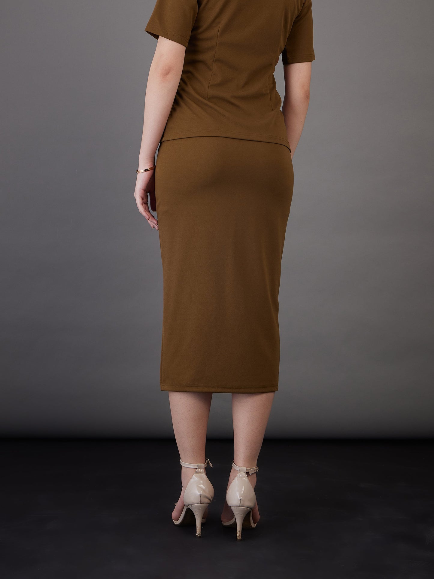 Brown Front Slit Midi Skirt
