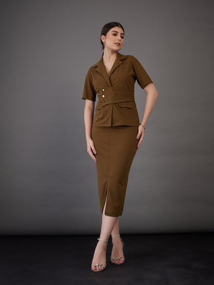 Brown Front Slit Midi Skirt