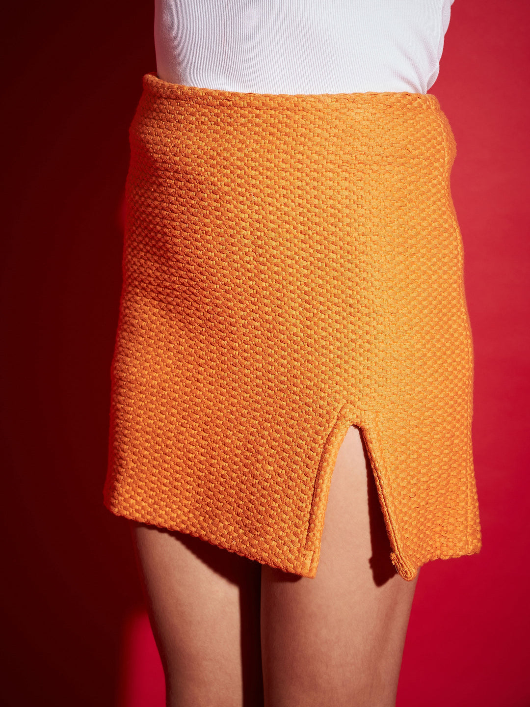 Mustard Tweed Front Slit Mini Skirt
