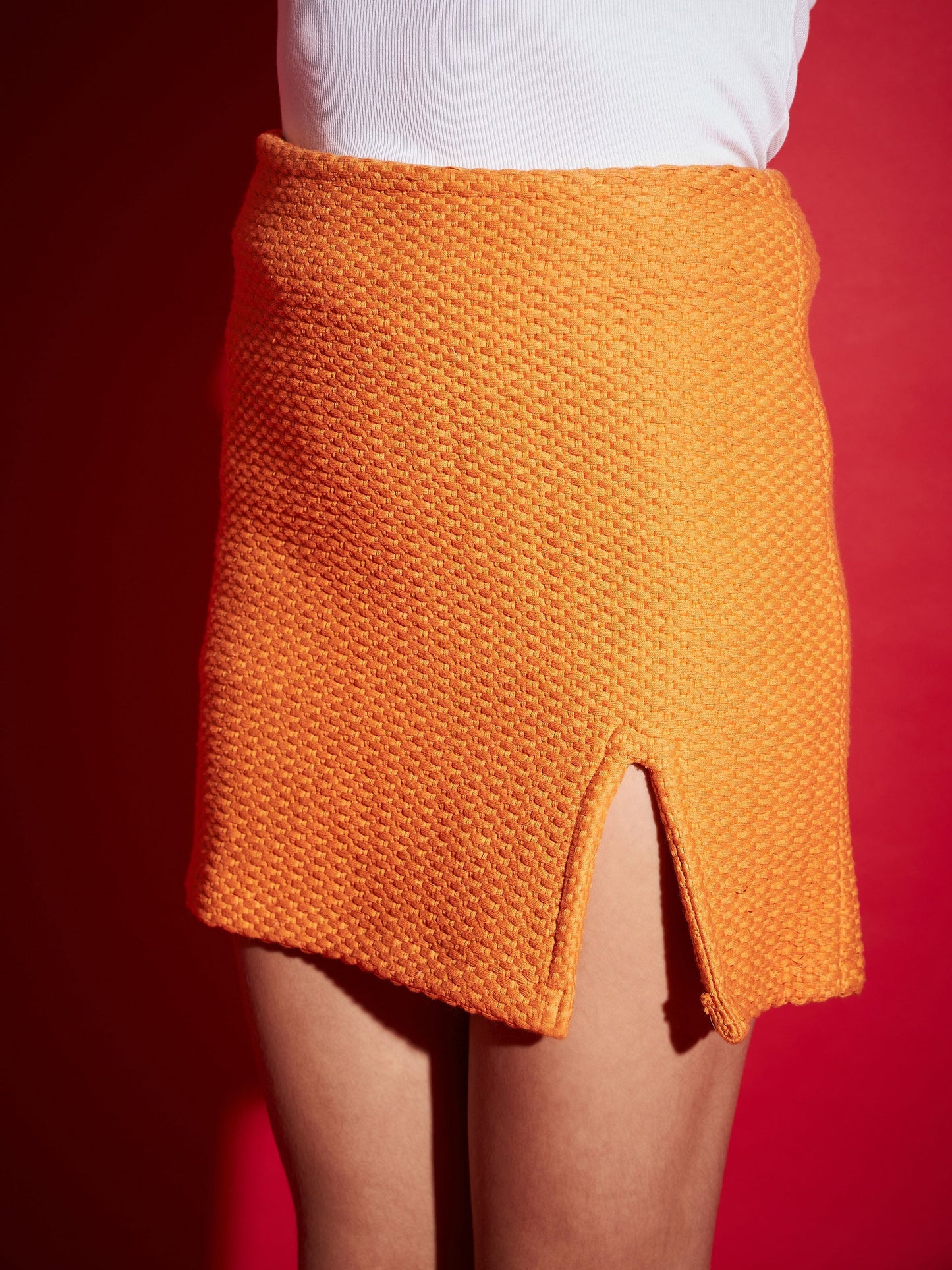 Mustard Tweed Front Slit Mini Skirt