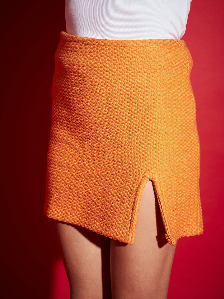 Mustard Tweed Front Slit Mini Skirt
