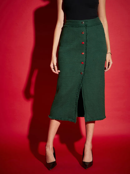 Green Tweed Front Button Midi Skirt