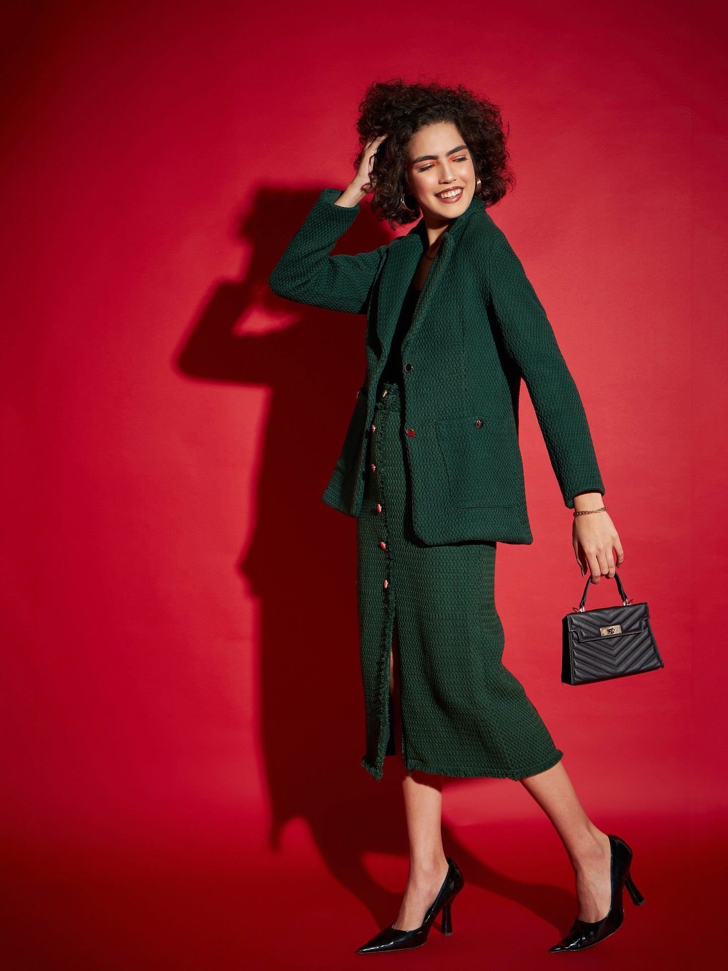 Green Tweed Front Button Midi Skirt