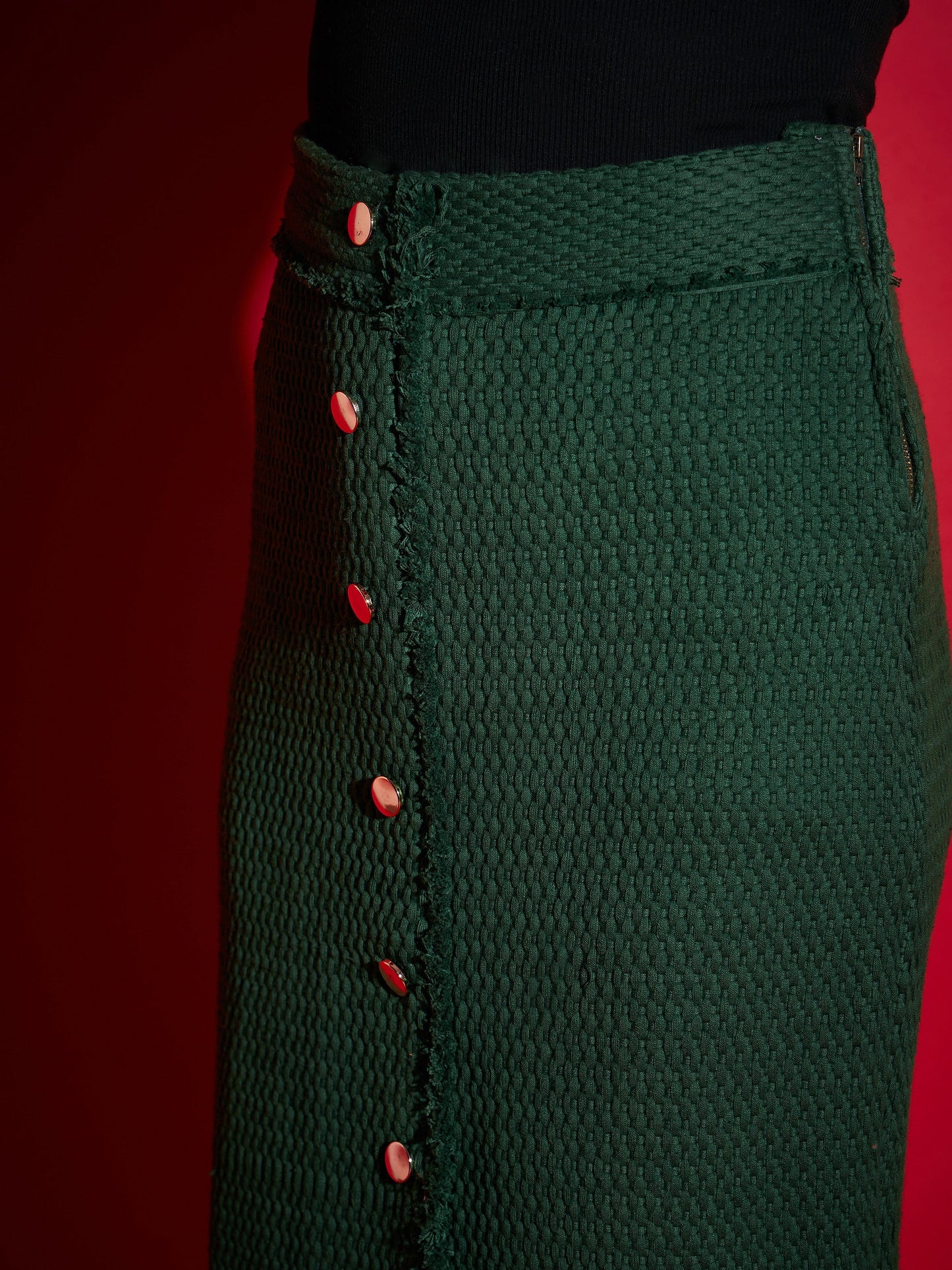 Green Tweed Front Button Midi Skirt