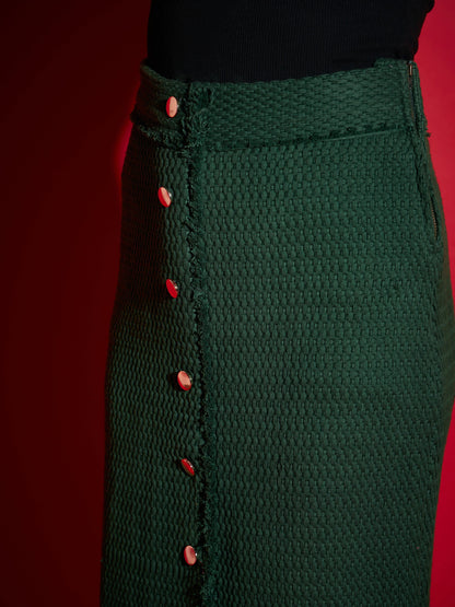 Green Tweed Front Button Midi Skirt