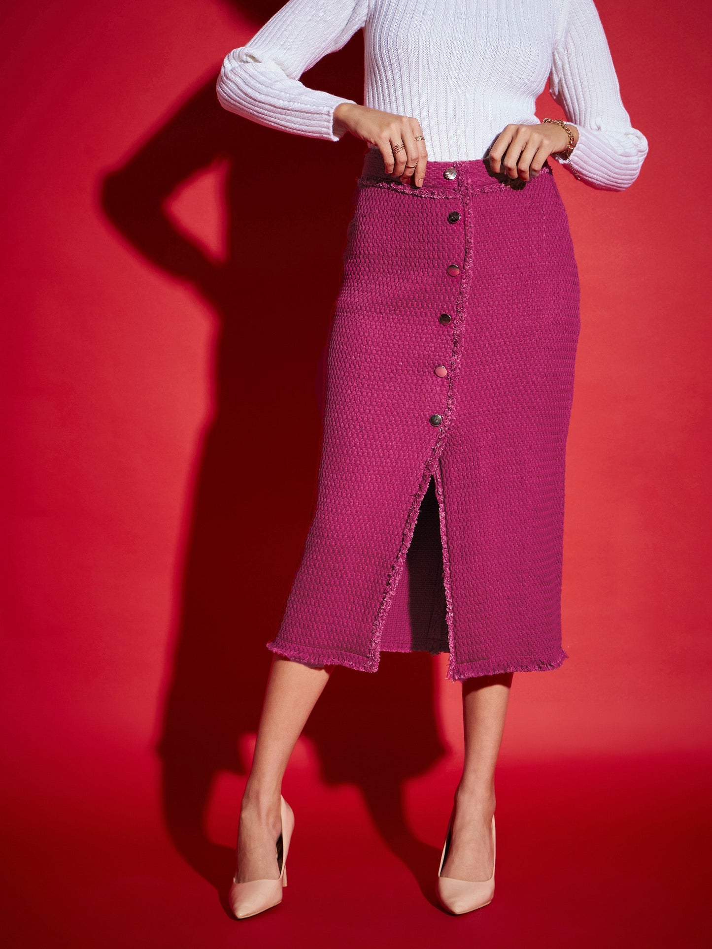 Magenta Tweed Front Button Midi Skirt