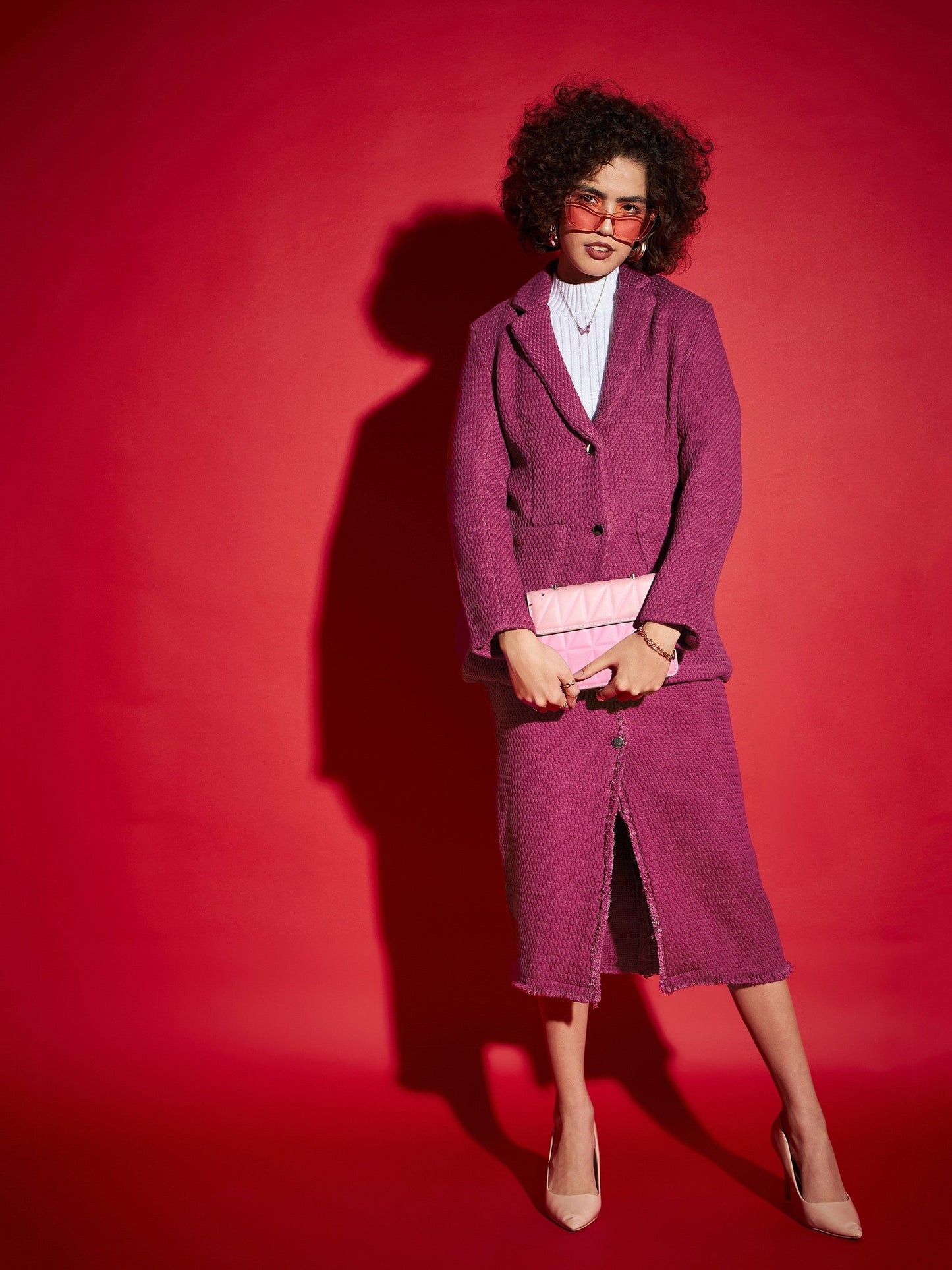 Magenta Tweed Front Button Midi Skirt