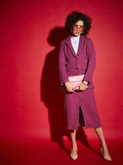 Magenta Tweed Front Button Midi Skirt