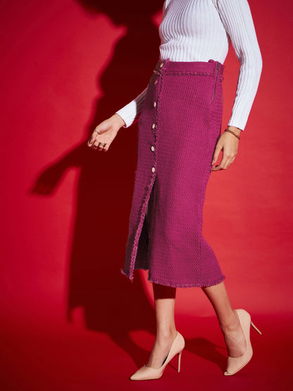 Magenta Tweed Front Button Midi Skirt