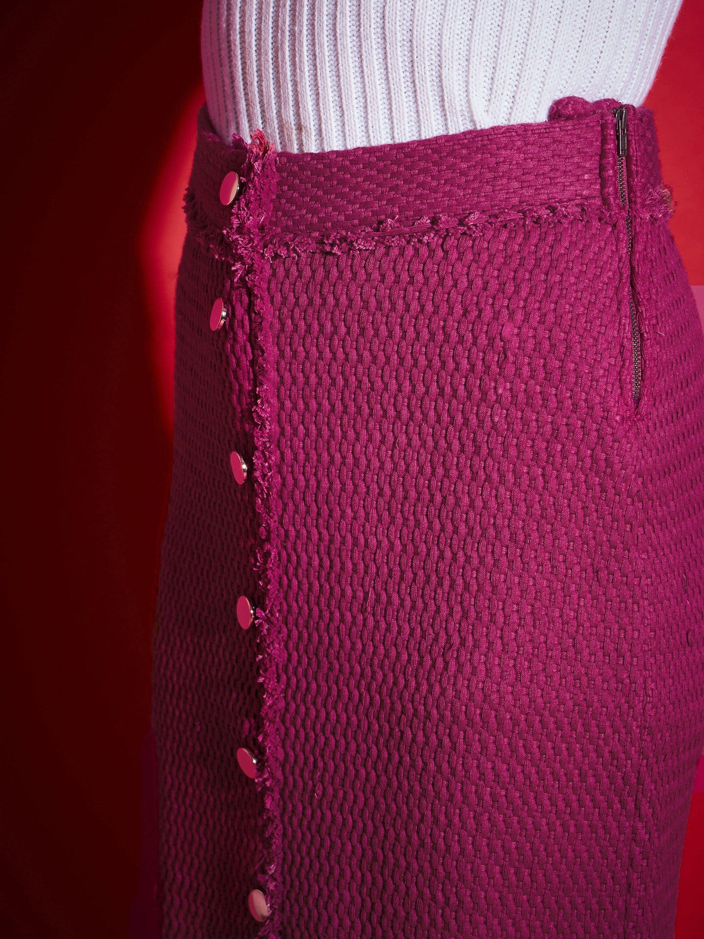Magenta Tweed Front Button Midi Skirt