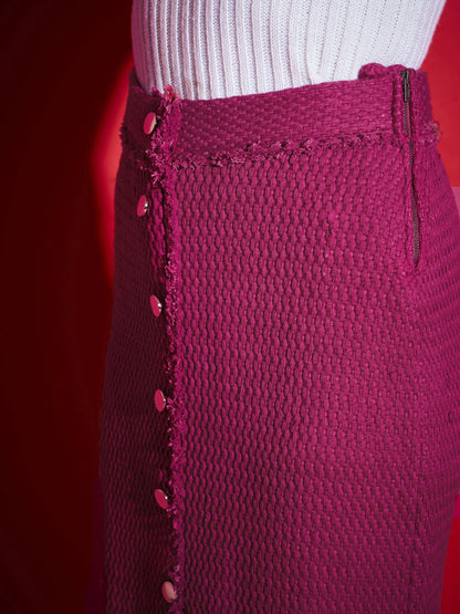 Magenta Tweed Front Button Midi Skirt