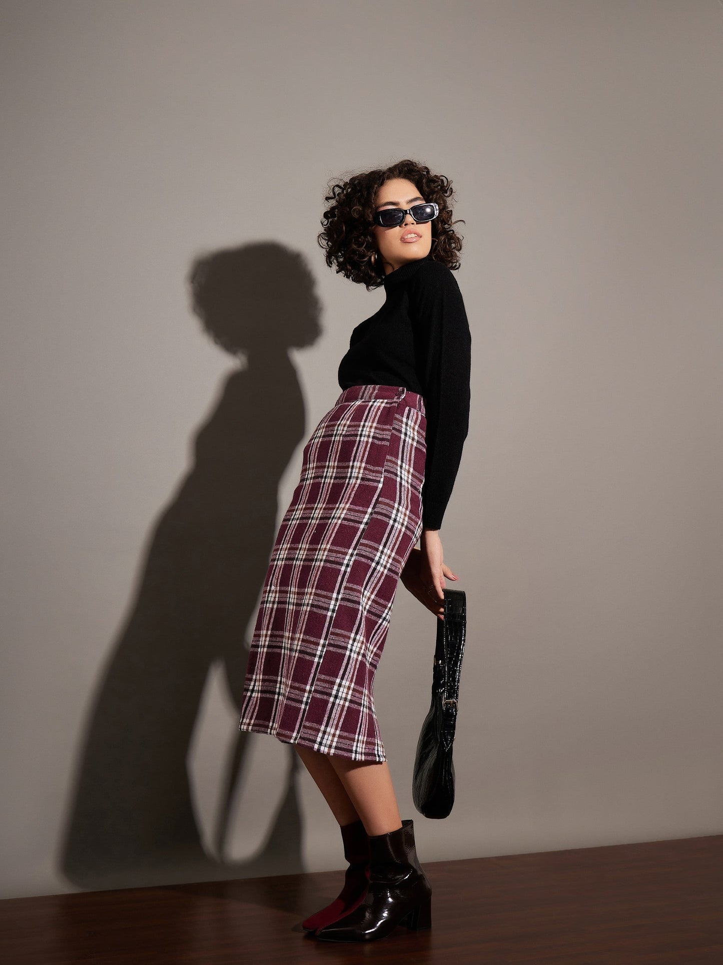 Maroon Yarndyed Check Pencil Skirt