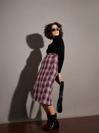 Maroon Yarndyed Check Pencil Skirt