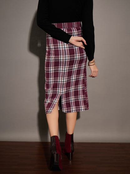 Maroon Yarndyed Check Pencil Skirt